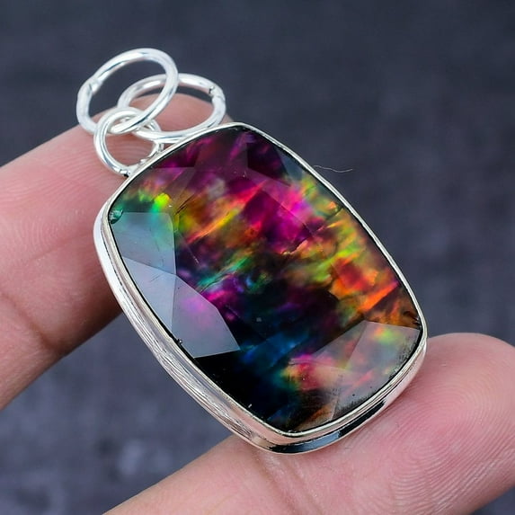 Natural Ammolite Gemstone Handmade 925 Sterling Silver Gift Pendant 1.89"