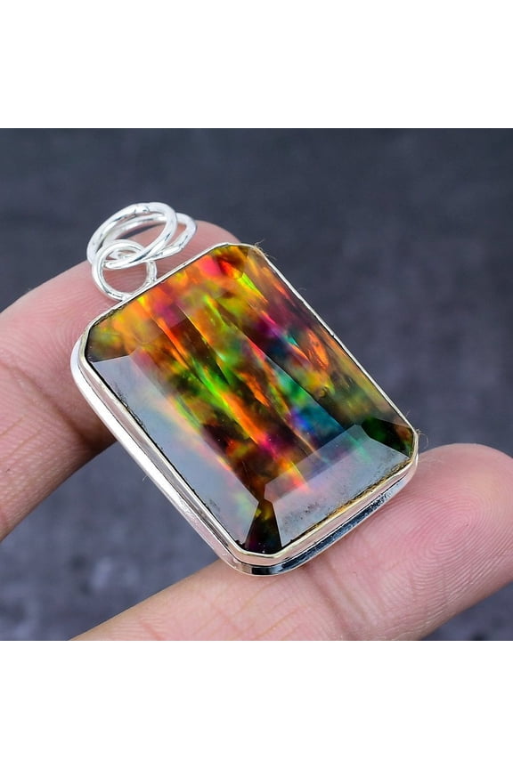 Natural Ammolite Gemstone Handmade 925 Sterling Silver Gift Pendant 1.97"