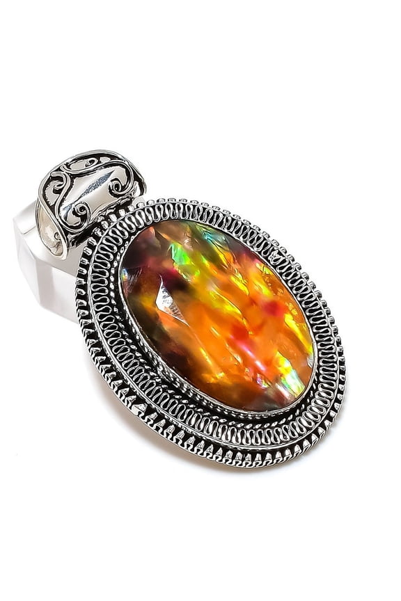 Natural Ammolite Gemstone Handmade 925 Sterling Silver Gift Pendant 2.29"