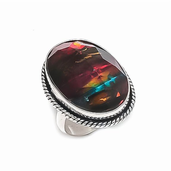 Natural Ammolite Gemstone Handmade 925 Sterling Silver Jewelry Ring Size 9
