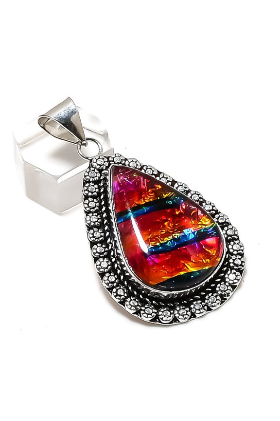 Natural Ammolite Gemstone Handmade 925 Sterling Silver Pendant 2.25"
