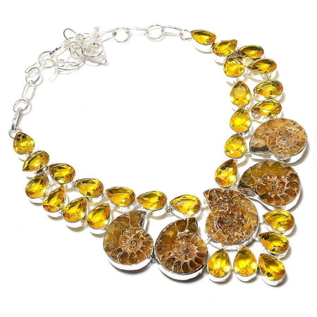 Natural Ammonite Fossil,Citrine Gemstone 925 Sterling Silver Necklace 18"