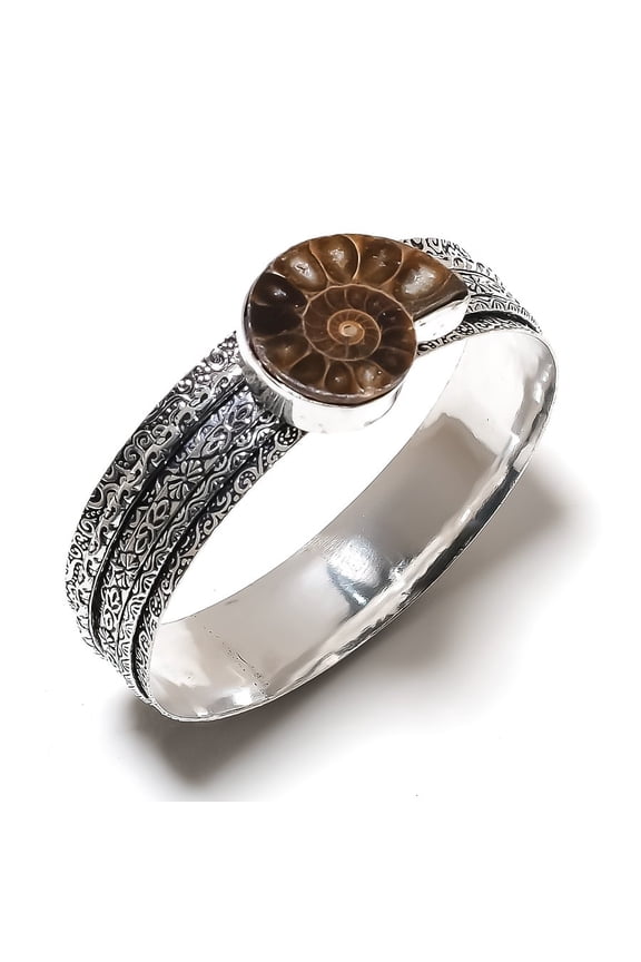 Natural Ammonite Fossil Gemstone 925 Sterling Silver Cuff Bangle 7.5"