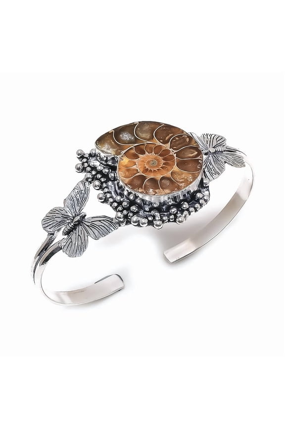 Natural Ammonite Fossil Gemstone 925 Sterling Silver Cuff Bangle Adjustable