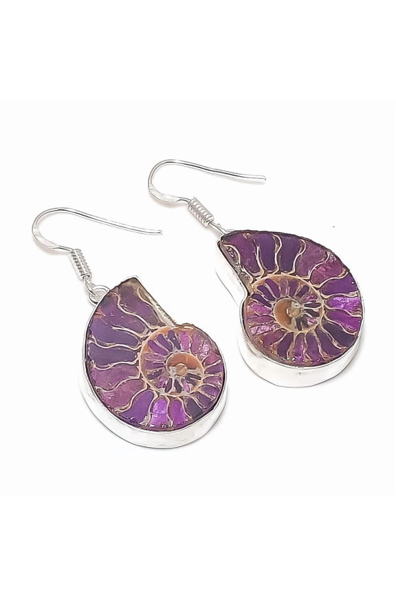 Natural Ammonite Fossil Gemstone 925 Sterling Silver Jewelry Earring 1.77"