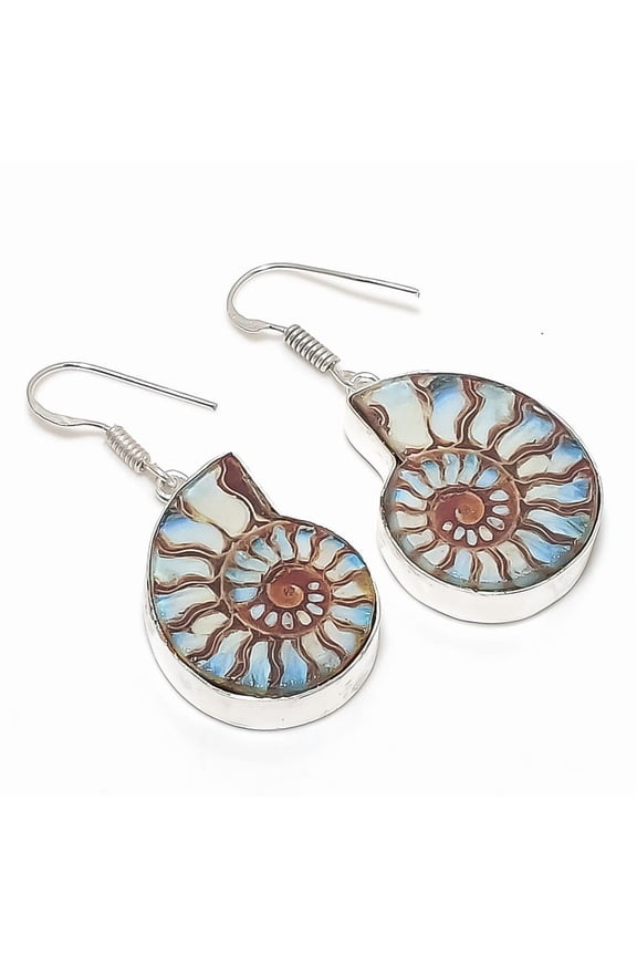 Natural Ammonite Fossil Gemstone 925 Sterling Silver Jewelry Earring 1.81"