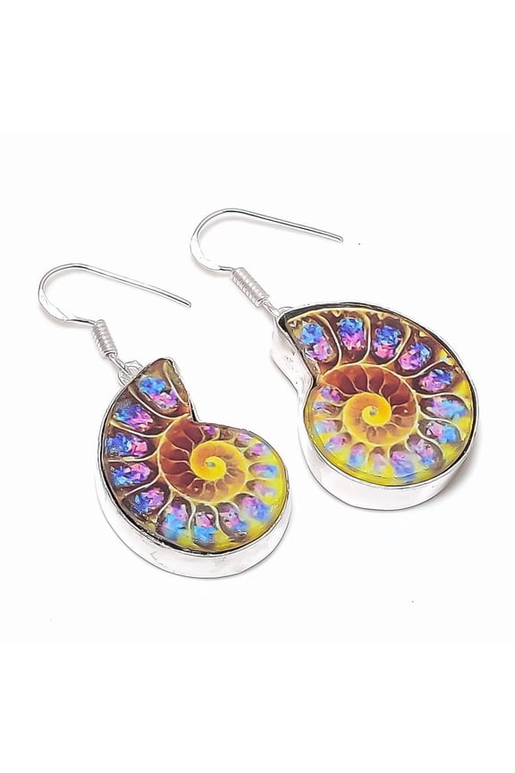 Natural Ammonite Fossil Gemstone 925 Sterling Silver Jewelry Earring 1.85"