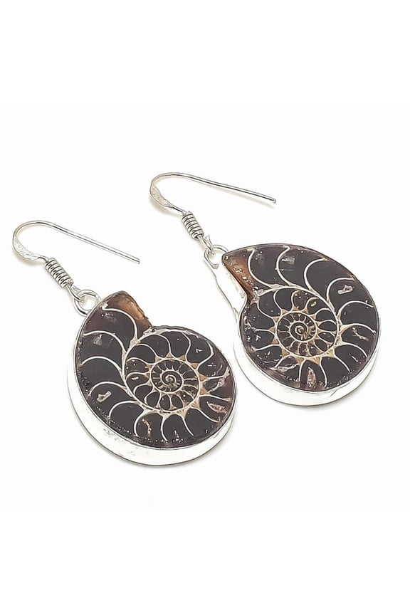 Natural Ammonite Fossil Gemstone 925 Sterling Silver Jewelry Earring 1.89"