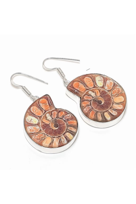 Natural Ammonite Fossil Gemstone 925 Sterling Silver Jewelry Earring 1.97"