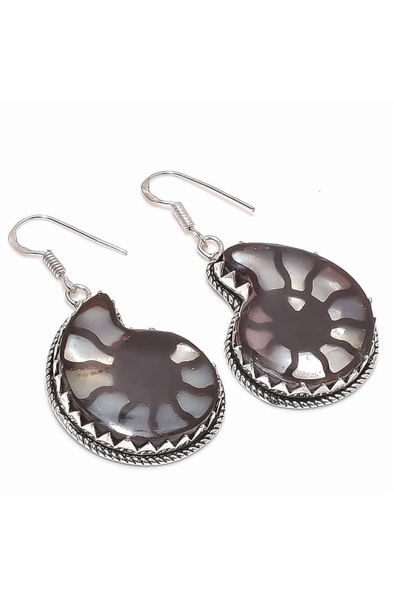 Natural Ammonite Fossil Gemstone 925 Sterling Silver Jewelry Earring 2.01"