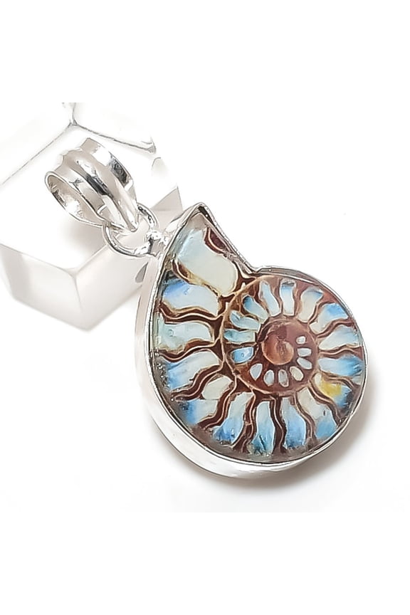 Natural Ammonite Fossil Gemstone 925 Sterling Silver Jewelry Pendant 1.54"