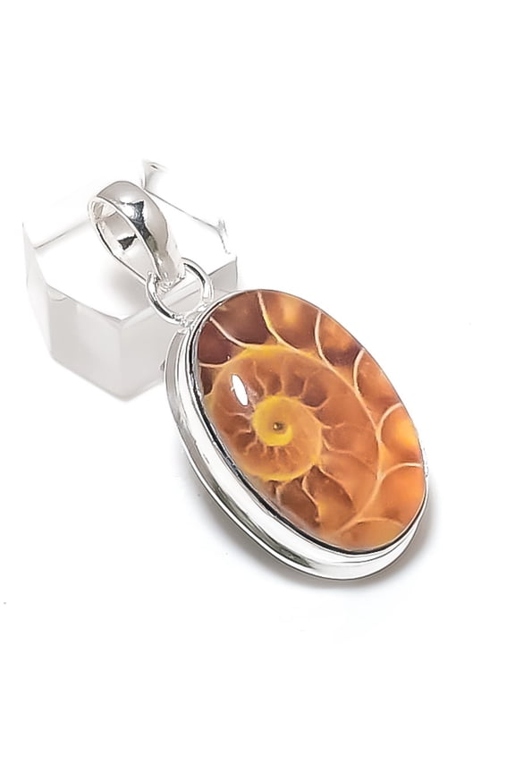 Natural Ammonite Fossil Gemstone 925 Sterling Silver Jewelry Pendant 1.77"