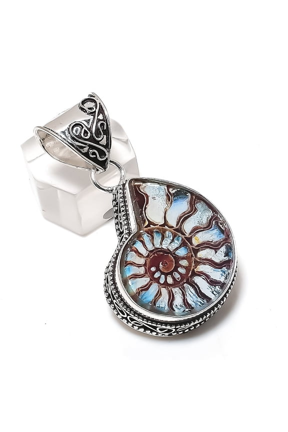 Natural Ammonite Fossil Gemstone 925 Sterling Silver Jewelry Pendant 1.81"