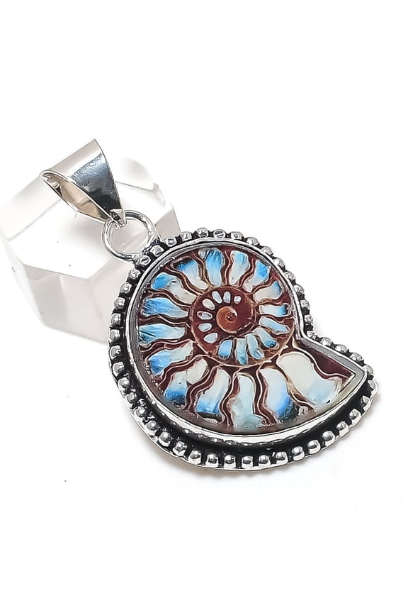 Natural Ammonite Fossil Gemstone 925 Sterling Silver Jewelry Pendant 1.85"