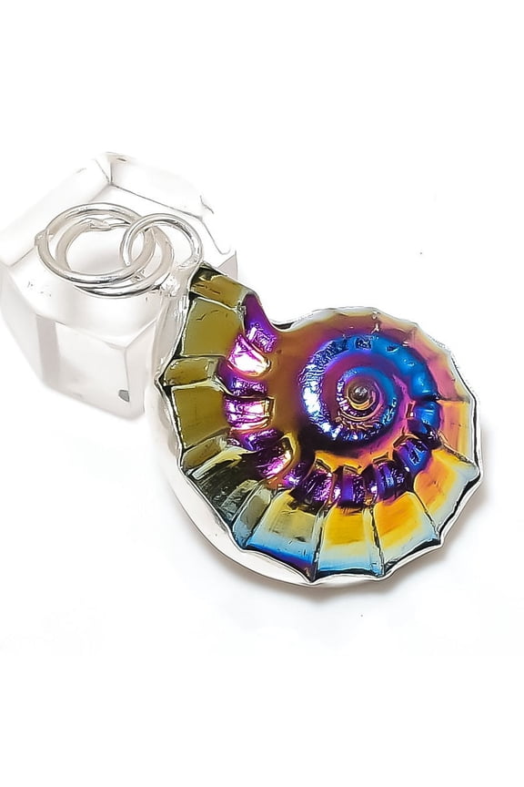 Natural Ammonite Fossil Gemstone 925 Sterling Silver Jewelry Pendant 1.97"