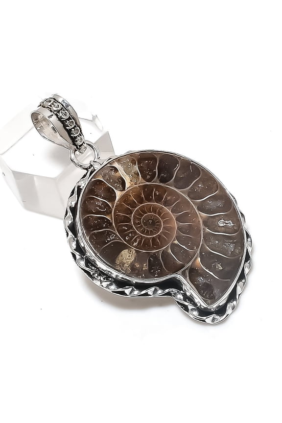 Natural Ammonite Fossil Gemstone 925 Sterling Silver Jewelry Pendant 2.05"