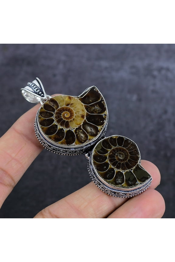 Natural Ammonite Fossil Gemstone 925 Sterling Silver Jewelry Pendant 3.07"