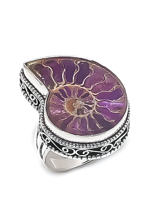 Natural Ammonite Fossil Gemstone 925 Sterling Silver Jewelry Ring Size 10