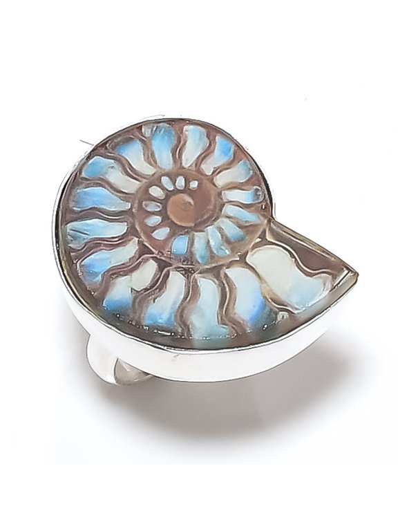 Natural Ammonite Fossil Gemstone 925 Sterling Silver Jewelry Ring Size 6.5