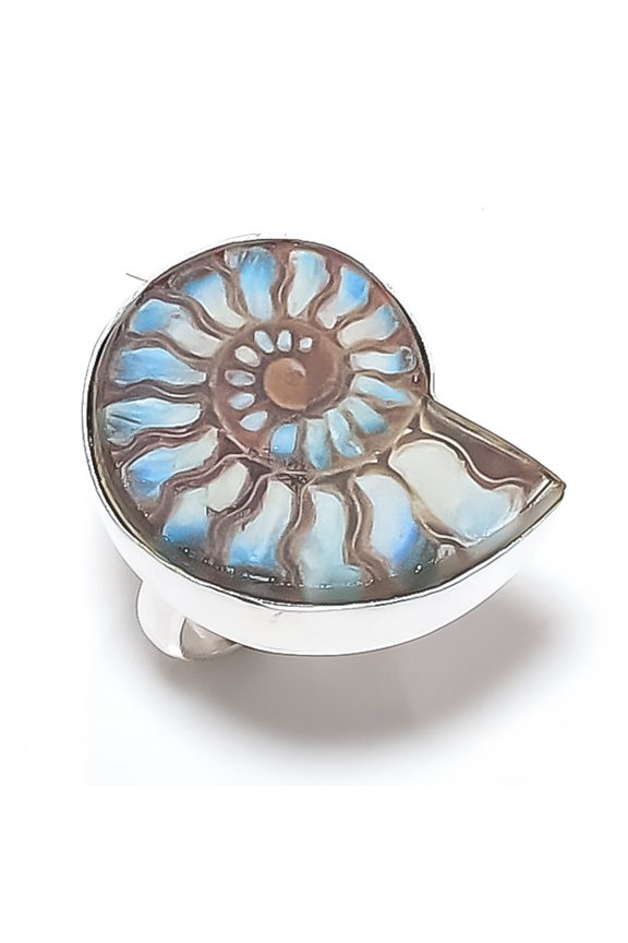 Natural Ammonite Fossil Gemstone 925 Sterling Silver Jewelry Ring Size 6.5
