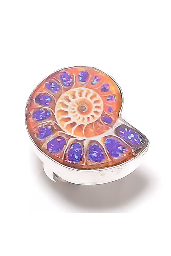 Natural Ammonite Fossil Gemstone 925 Sterling Silver Jewelry Ring Size 6.5