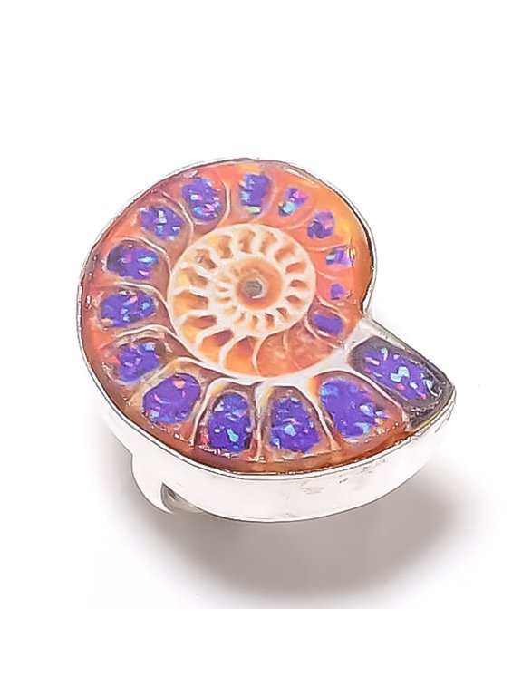 Natural Ammonite Fossil Gemstone 925 Sterling Silver Jewelry Ring Size 6.5
