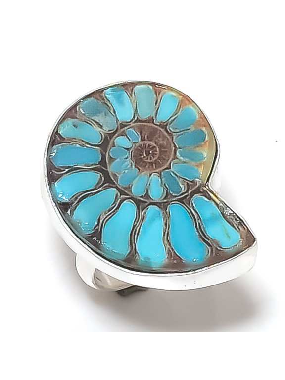Natural Ammonite Fossil Gemstone 925 Sterling Silver Jewelry Ring Size 6.5