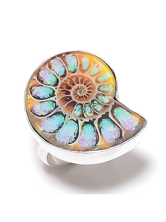 Natural Ammonite Fossil Gemstone 925 Sterling Silver Jewelry Ring Size 6.5