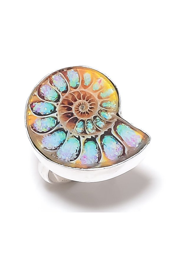 Natural Ammonite Fossil Gemstone 925 Sterling Silver Jewelry Ring Size 6.5