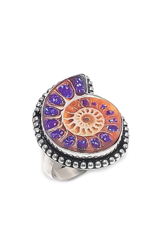 Natural Ammonite Fossil Gemstone 925 Sterling Silver Jewelry Ring Size 7
