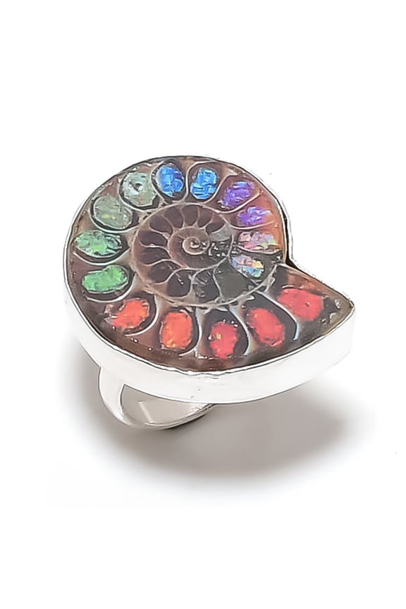 Natural Ammonite Fossil Gemstone 925 Sterling Silver Jewelry Ring Size 7