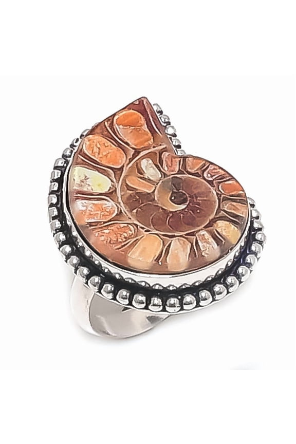 Natural Ammonite Fossil Gemstone 925 Sterling Silver Jewelry Ring Size 7