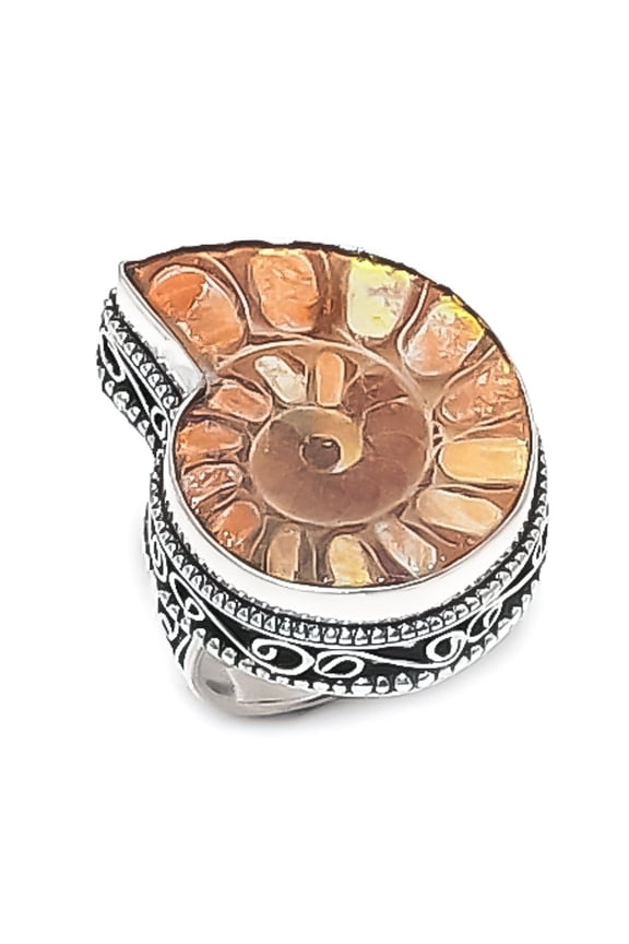 Natural Ammonite Fossil Gemstone 925 Sterling Silver Jewelry Ring Size 8