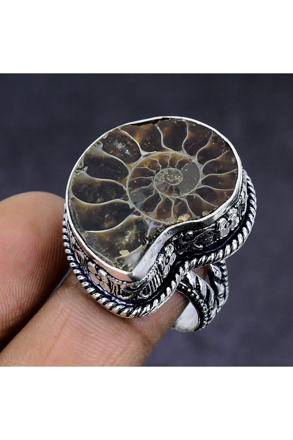 Natural Ammonite Fossil Gemstone 925 Sterling Silver Jewelry Ring Size 8