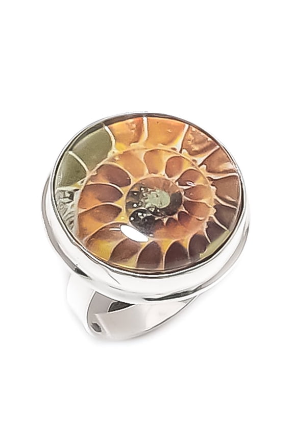 Natural Ammonite Fossil Gemstone 925 Sterling Silver Jewelry Ring Size 9.5