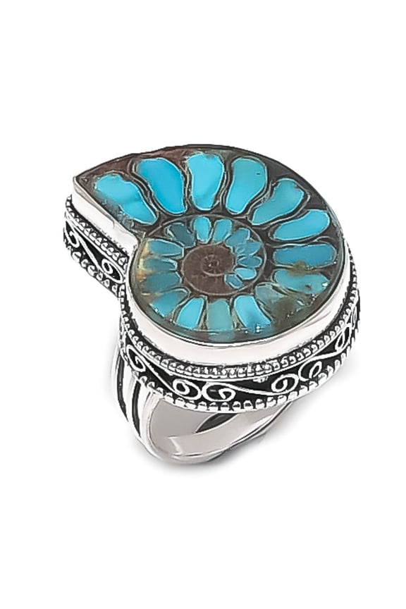Natural Ammonite Fossil Gemstone 925 Sterling Silver Jewelry Ring Size 9.5