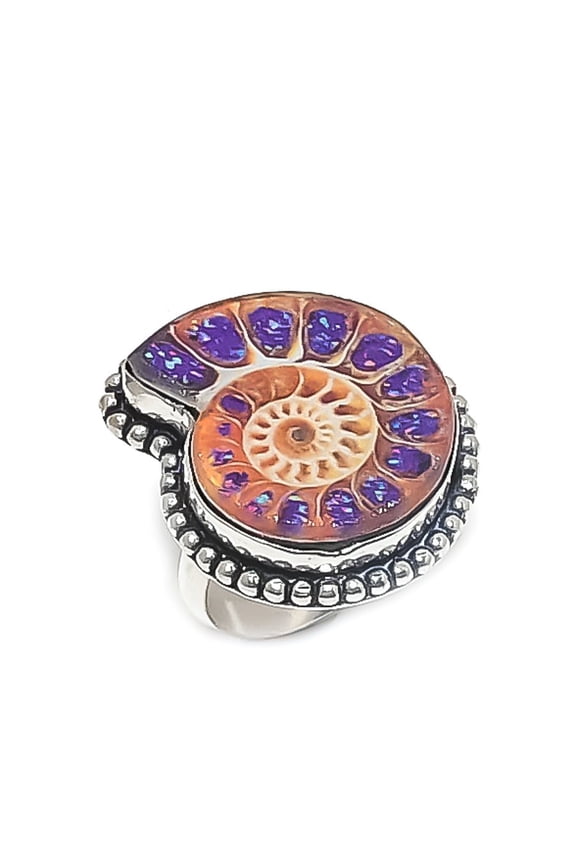 Natural Ammonite Fossil Gemstone 925 Sterling Silver Jewelry Ring Size 9