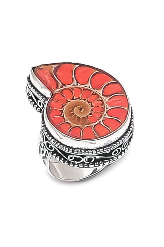 Natural Ammonite Fossil Gemstone 925 Sterling Silver Jewelry Ring Size 9