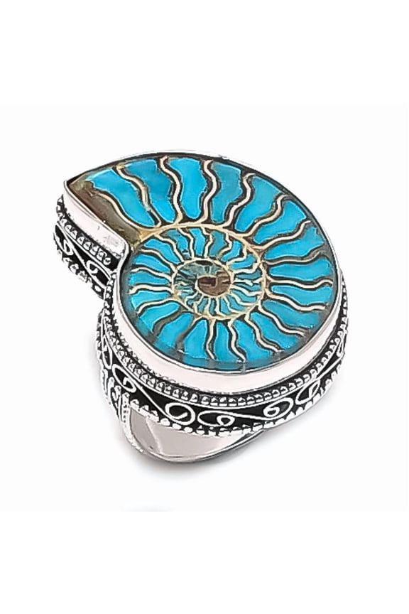 Natural Ammonite Fossil Gemstone 925 Sterling Silver Jewelry Ring Size 9