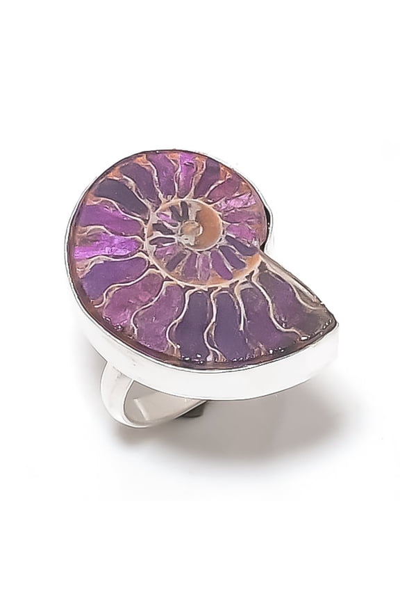 Natural Ammonite Fossil Gemstone 925 Sterling Silver Jewelry Ring Size 9