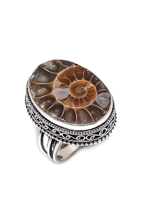 Natural Ammonite Fossil Gemstone 925 Sterling Silver Jewelry Ring Size 9