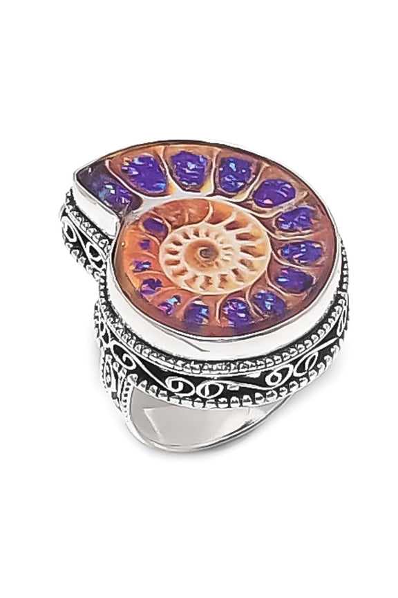 Natural Ammonite Fossil Gemstone 925 Sterling Silver Jewelry Ring Size 9
