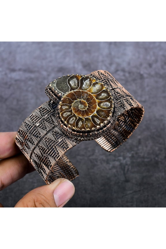 Natural Ammonite Fossil Gemstone Copper Wire Wrap Cuff Bangle Adjustable