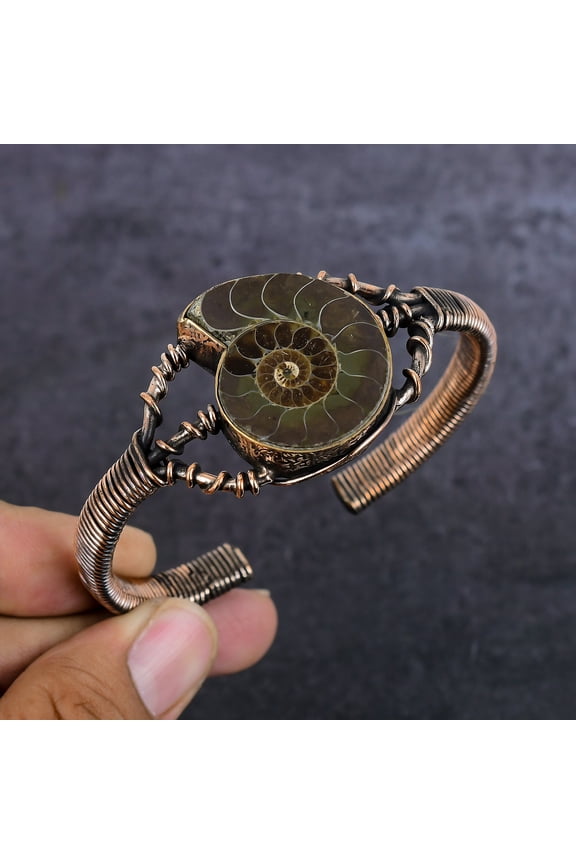 Natural Ammonite Fossil Gemstone Copper Wire Wrap Cuff Bangle Adjustable