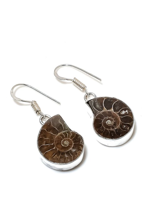 Natural Ammonite Fossil Gemstone Handmade 925 Sterling Silver Earring 1.58"