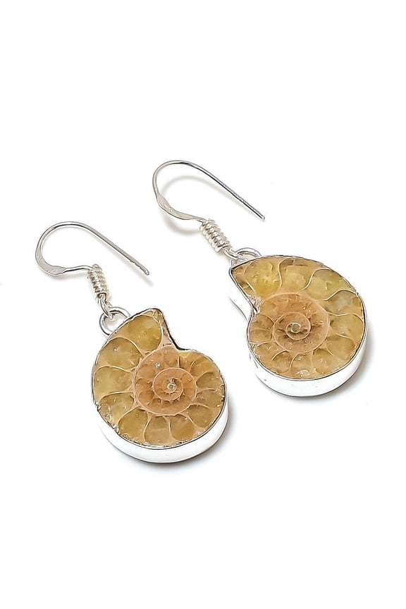 Natural Ammonite Fossil Gemstone Handmade 925 Sterling Silver Earring 1.65"
