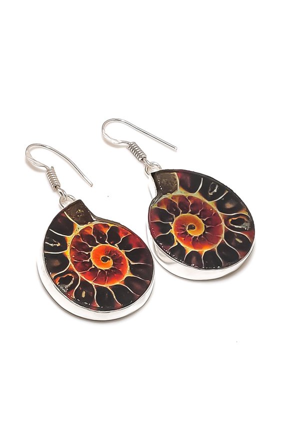 Natural Ammonite Fossil Gemstone Handmade 925 Sterling Silver Earring 1.97"