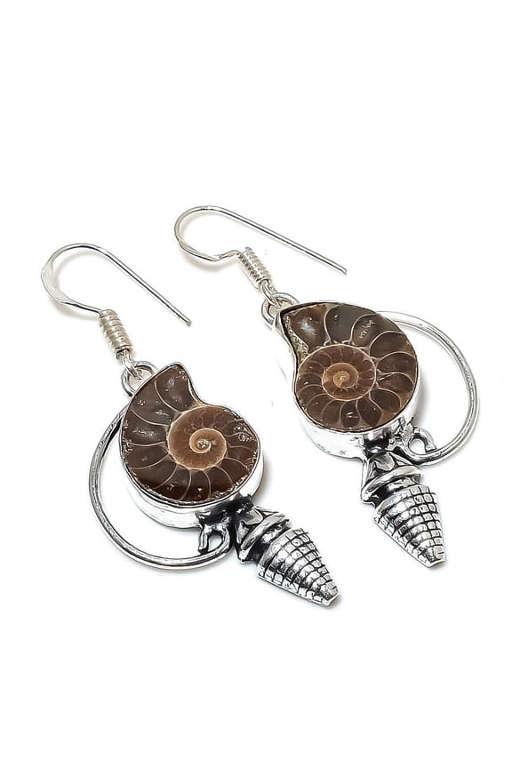 Natural Ammonite Fossil Gemstone Handmade 925 Sterling Silver Earring 1.97"