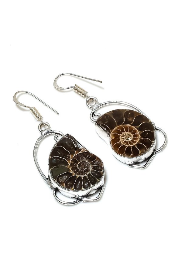 Natural Ammonite Fossil Gemstone Handmade 925 Sterling Silver Earring 2.01"