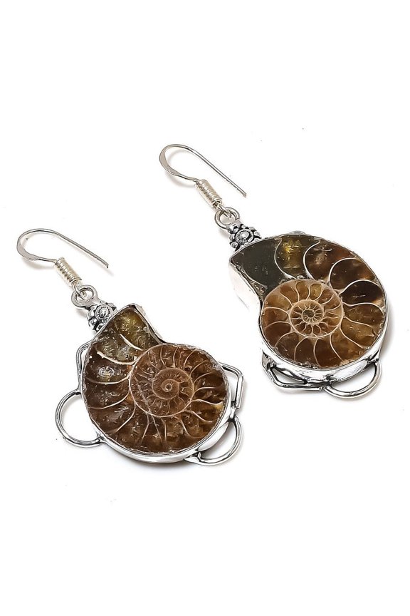 Natural Ammonite Fossil Gemstone Handmade 925 Sterling Silver Earring 2.25"